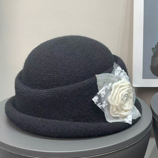 日系复古花朵卷边渔夫帽女秋冬百搭保暖防风显脸小法式 千金风礼帽