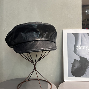 韩版 小众复古PU皮质贝雷帽女显脸小报童帽中古风百搭画家帽子男潮