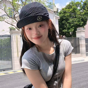 复古铁标褶皱条纹报童帽女夏时髦透气百搭春秋文艺显脸小画家帽子