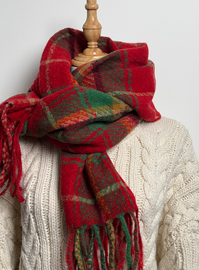 韩版氛围感红色格子围巾女秋冬复古保暖圣诞节氛围感户外防寒围脖