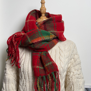 韩版 氛围感红色格子围巾女秋冬复古保暖圣诞节氛围感户外防寒围脖
