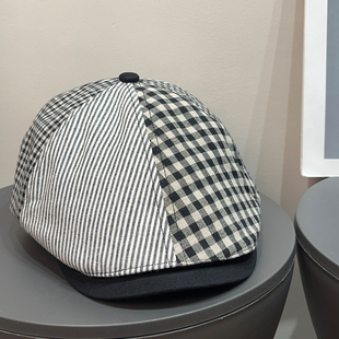 日系复古格纹拼接鸭舌前进帽女春夏遮阳百搭休闲反戴画家报童帽子