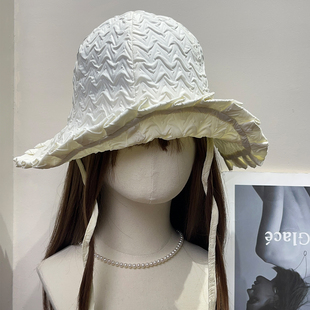 出口韩国甜美褶皱翻檐渔夫帽女春夏遮阳百搭显脸小文艺防晒帽子潮