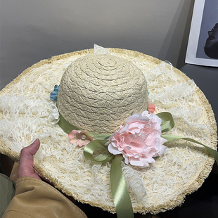 大檐法式 海边度假遮阳防晒草帽 复古花朵蝴蝶结蕾丝草编帽子女夏季