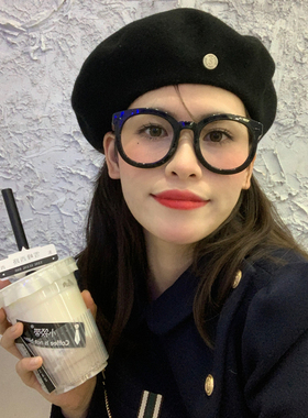 百搭韩版黑色羊毛呢贝雷帽女秋冬ins复古金属标显脸小画家帽子潮