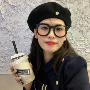 百搭韩版 黑色羊毛呢贝雷帽女秋冬ins复古金属标显脸小画家帽子潮