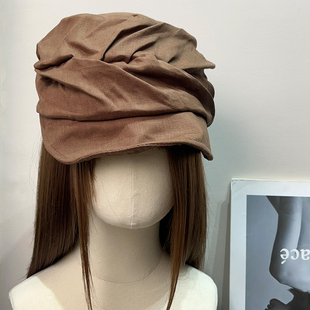 日系复古亚麻褶皱贝雷帽女春夏透气百搭显脸小画家帽休闲报童帽子