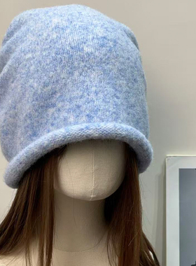 大头围复古禾木雪乡温柔蓝色针织堆堆帽女秋冬保暖显脸小毛线帽子