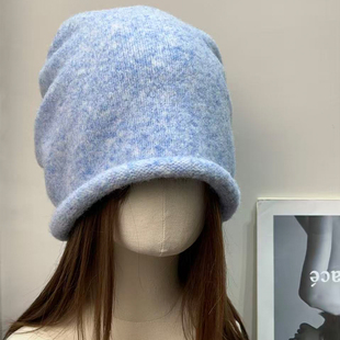大头围复古禾木雪乡温柔蓝色针织堆堆帽女秋冬保暖显脸小毛线帽子