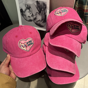 粉色做旧棒球帽女显脸小复古水洗软顶鸭舌帽韩版 大头围帽子ins潮