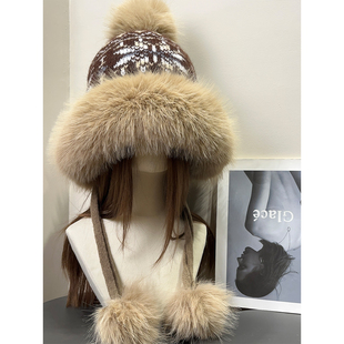 复古哈尔滨费尔岛毛绒雷锋帽女冬季 加厚保暖加绒内胆护耳毛球帽子