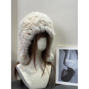 复古长白山牧羊少女兔毛护耳帽女秋冬季 保暖加厚防风毛球套头帽子