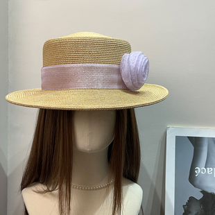 法式 复古平顶密草花朵防晒帽女夏防紫外线遮阳度假沙滩帽太阳帽子