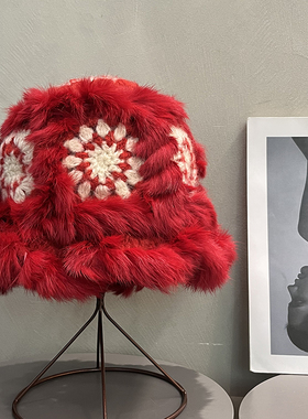 新年红色兔毛毛绒醒狮渔夫帽女冬季圣诞节保暖毛线针织帽子本命年