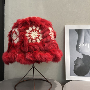 新年红色兔毛毛绒醒狮渔夫帽女冬季 圣诞节保暖毛线针织帽子本命年