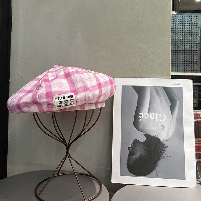 格子贝雷帽日系女生甜美可爱帽子