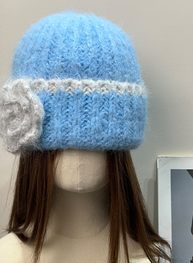 复古禾木雪乡蓝色花朵针织毛线帽女秋冬季保暖护耳氛围感百搭帽子