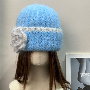 复古禾木雪乡蓝色花朵针织毛线帽女秋冬季 保暖护耳氛围感百搭帽子