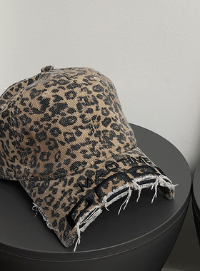 小众复古断檐豹纹棒球帽女街头潮酷大头围毛边做旧美式鸭舌帽子男