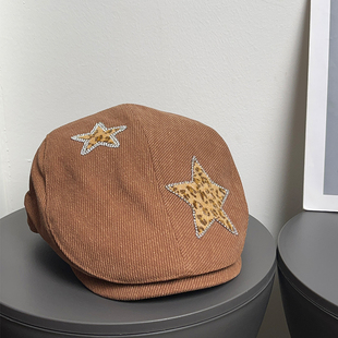 千禧美式 复古豹纹星星灯芯绒前进帽女春秋百搭辣妹显脸小贝雷帽子