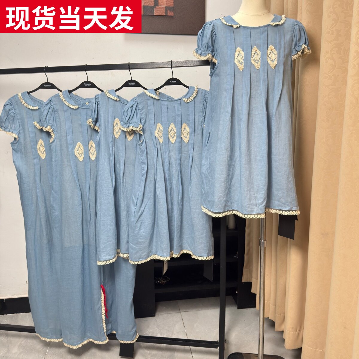 复古蕾丝压褶泡泡袖苎麻连衣裙