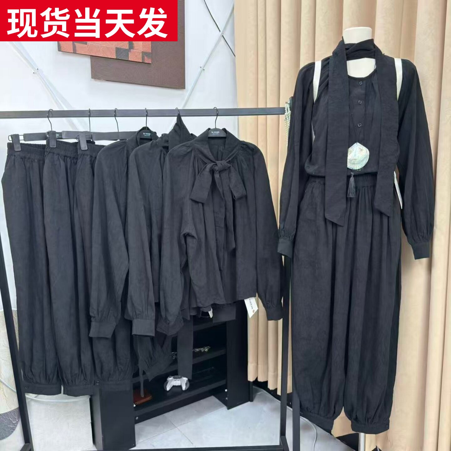 飘带花朵提花衬衫灯笼裤套装