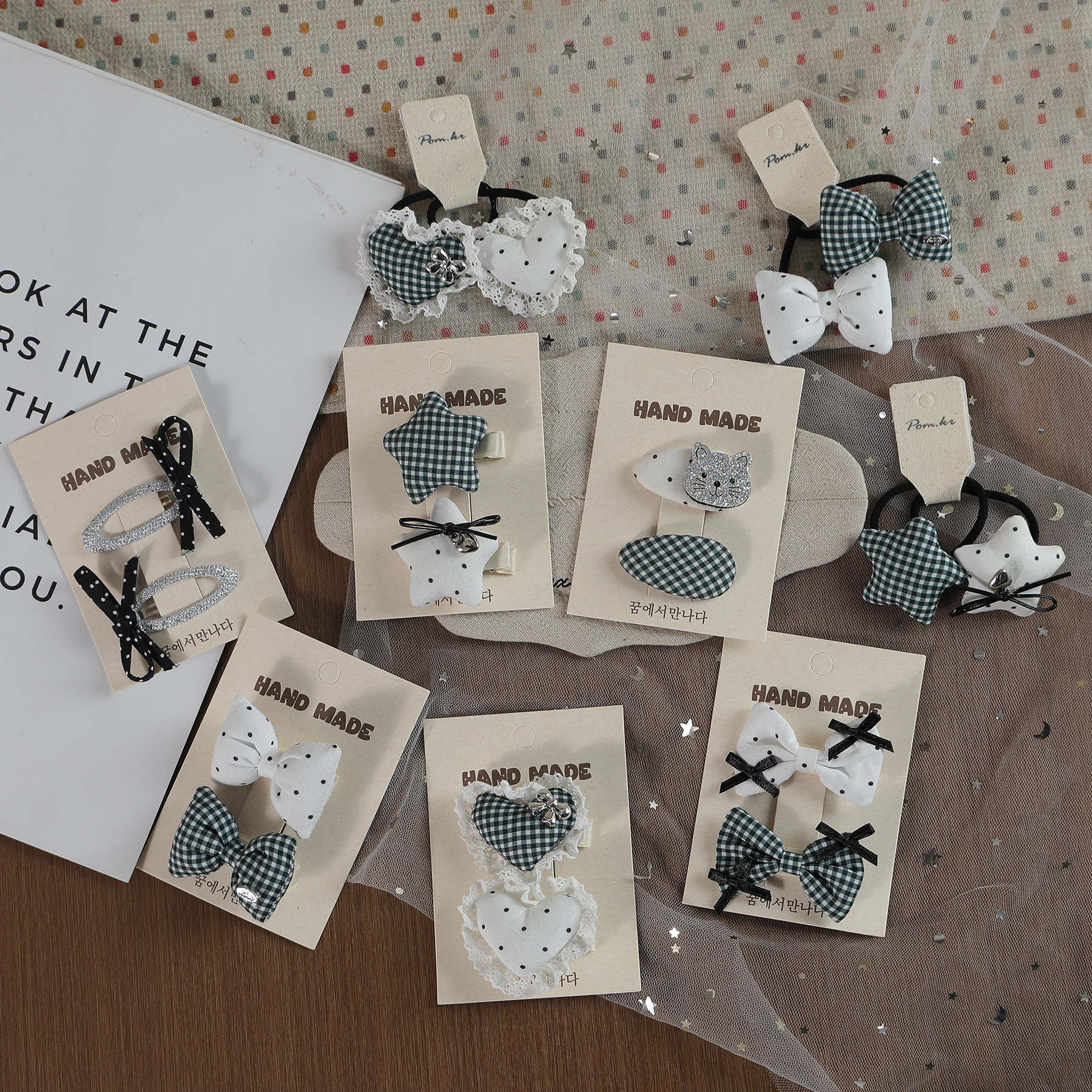 儿童韩系双色格纹发夹女童复古风蝴蝶结布艺发圈高弹力百搭发饰