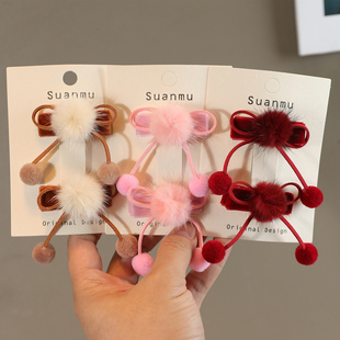 儿童新年可爱喜庆毛球蝴蝶结碎发夹女童毛绒发饰头饰过年红色发饰
