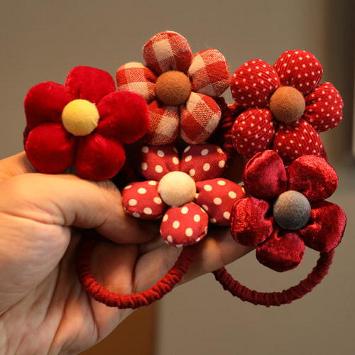 儿童红格纹波点花朵发圈