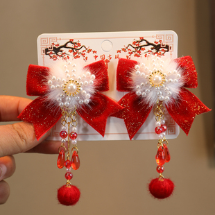 儿童古风红色蝴蝶结发夹女童珍珠流苏新年喜庆头饰碎发刘海夹发饰