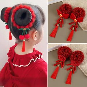 女童毛绒发圈新年喜庆发饰小女孩丸子头绳不伤发女童古风发绳头饰