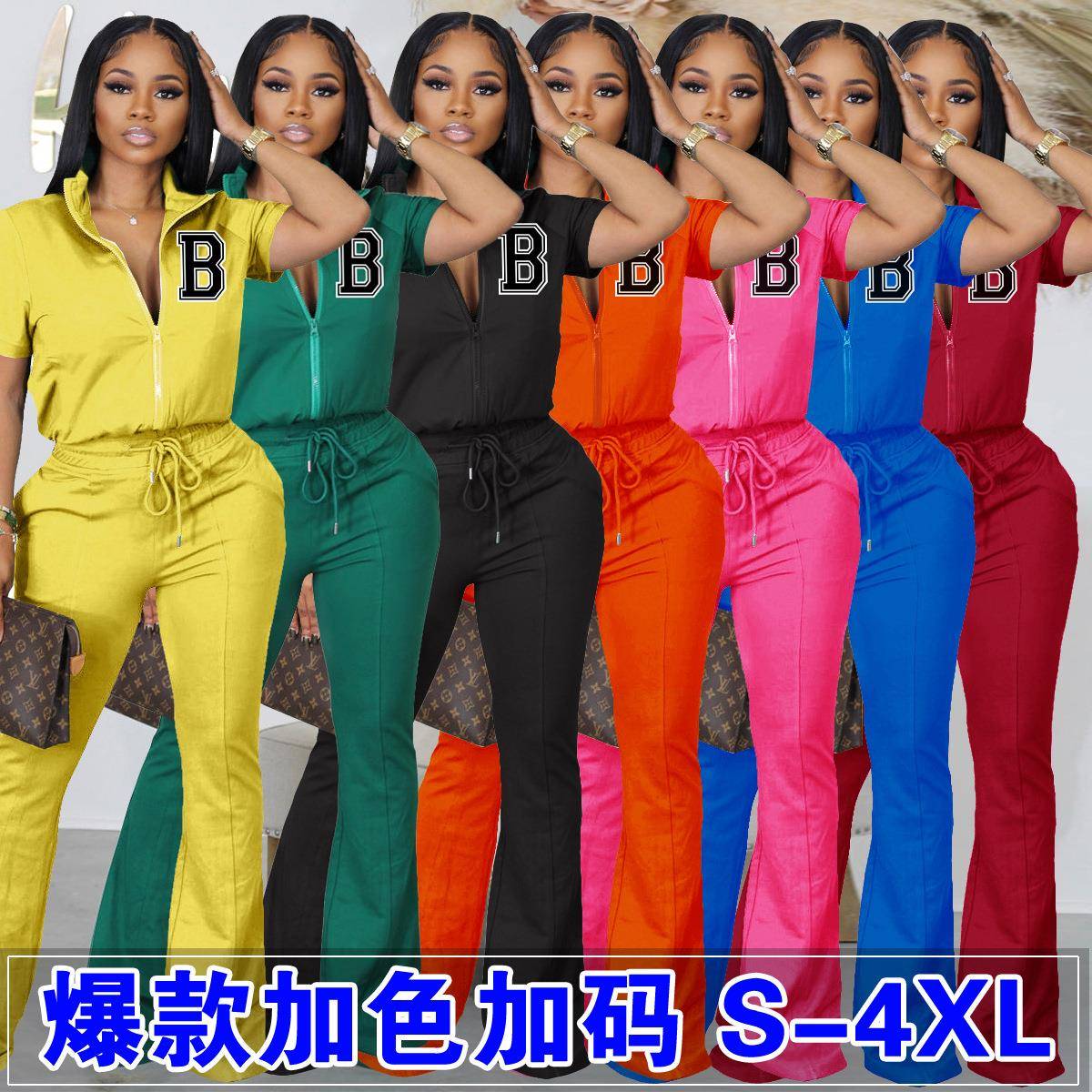 欧美女装跨境亚马逊ebay春夏短袖拉链上衣喇叭裤套装S-4XL两件套