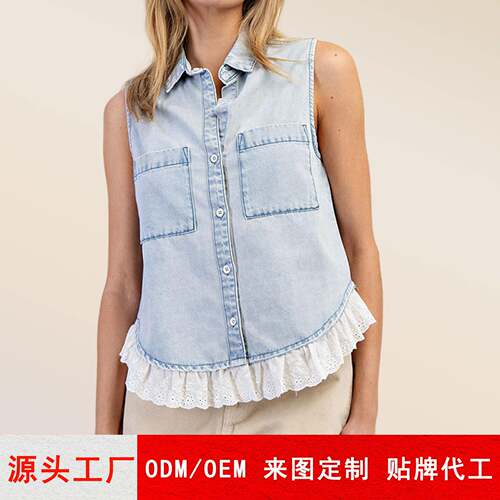 跨境欧美TK春夏新爆款水洗女式衬衫蕾丝拼接牛仔马甲无袖纯色衬衫