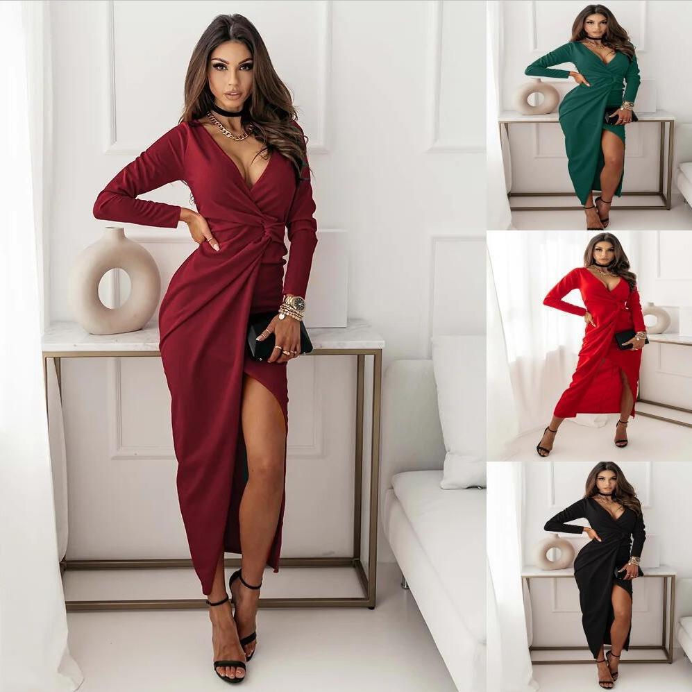 2021wish亚马逊ebay秋季 欧美新款v领长袖开叉连衣裙晚礼服裙