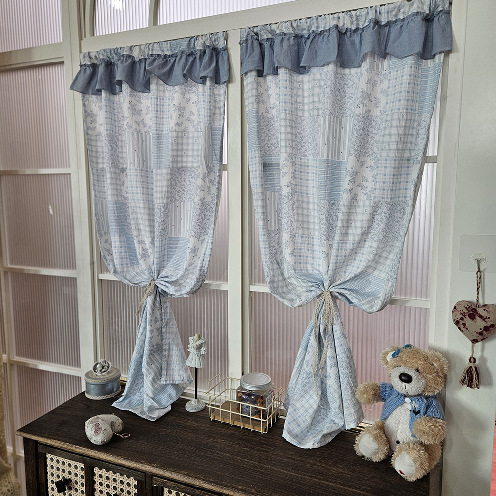 免打孔蓝色印花荷叶边拼接复古百搭清新橱柜半遮光半帘窗户帘门帘