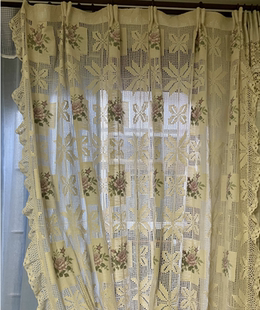 外贸古朴镂空窗帘简约挂钩穿杆透光纱帘飘窗客厅钩针文艺蕾丝窗纱