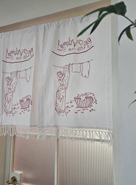 免打孔晾衣少女手工锁边法式中古风红绣棉麻流苏挂画隔断门帘半帘