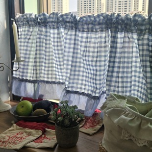 免打孔田园复古纯棉清新蓝色格子拼接荷叶边半遮光橱柜帘窗户半帘
