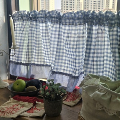 田园复古蓝格拼接纯棉柜帘