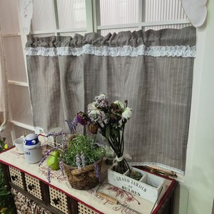 百搭半遮光雨露色涤麻荷叶边拼接色织竖条纹防尘遮光半帘 外贸法式