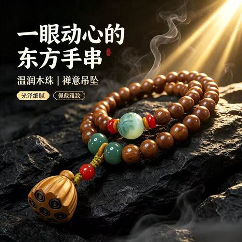 爆款泰山老桃木好运莲莲8mm双圈莲蓬手链男女士文玩手串直播供货