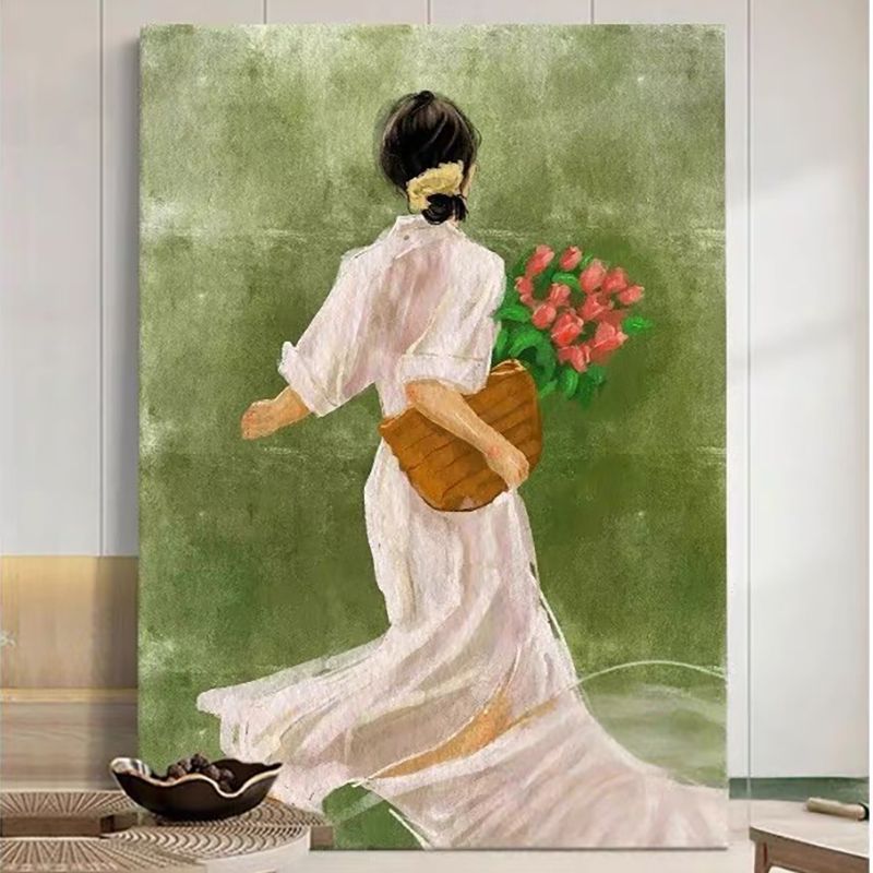 中古风轻奢客厅装饰画花季少女人物唯美个性玄关过道绿色复古挂画