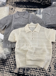 2026年春季polo衫镂空短袖针织羊毛衫新款小个子正肩短款上衣