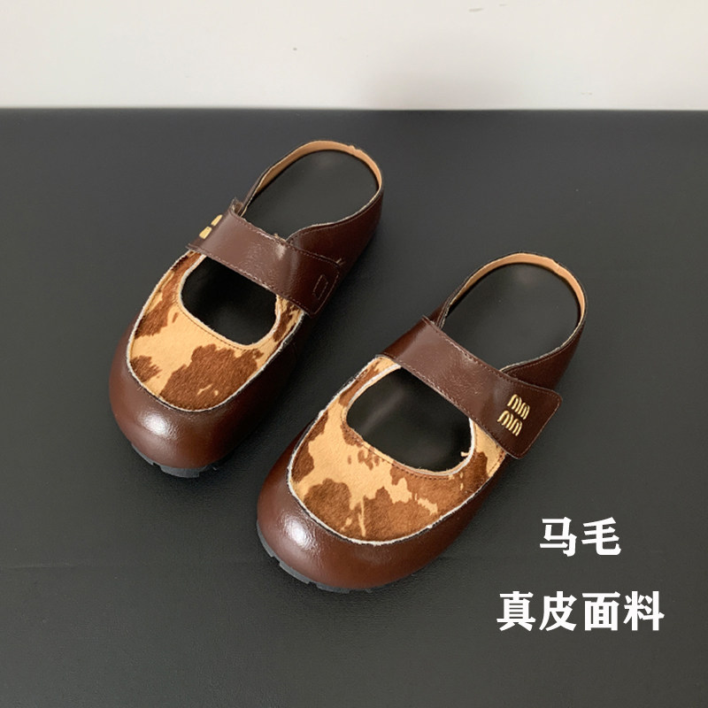 真皮马毛包头半拖鞋女一脚蹬防滑厚底圆头复古勃肯鞋外穿穆勒鞋