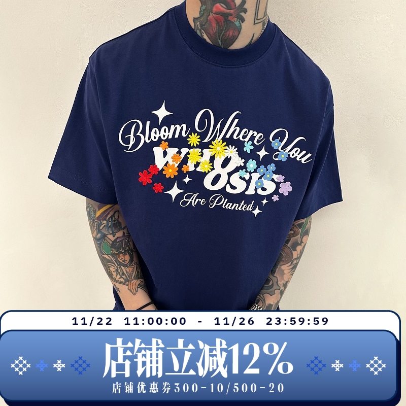 WHOOSIS（不知其名）彩虹花卉刺绣短袖t恤美式夏男女校园情侣百搭