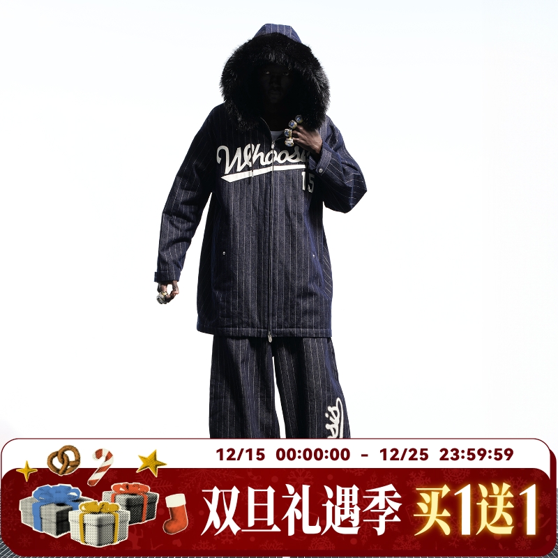 WHOOSIS（不知其名）贴皮棒球竖条造型牛仔长款外套男女潮牌休闲
