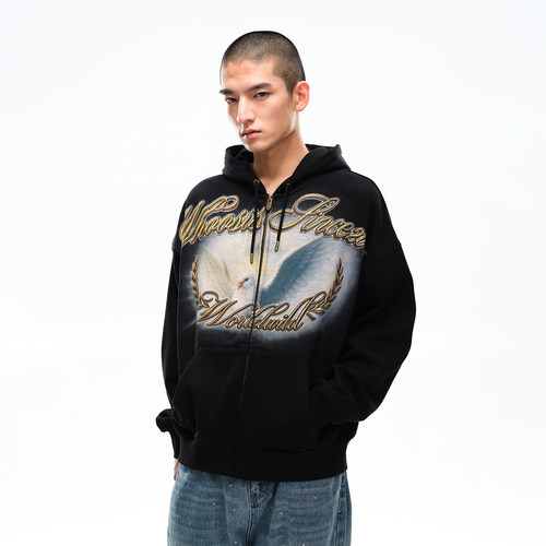 WHOOSIS（不知其名）天堂和平鸽金属花体字卫衣帽衫美式复古男女