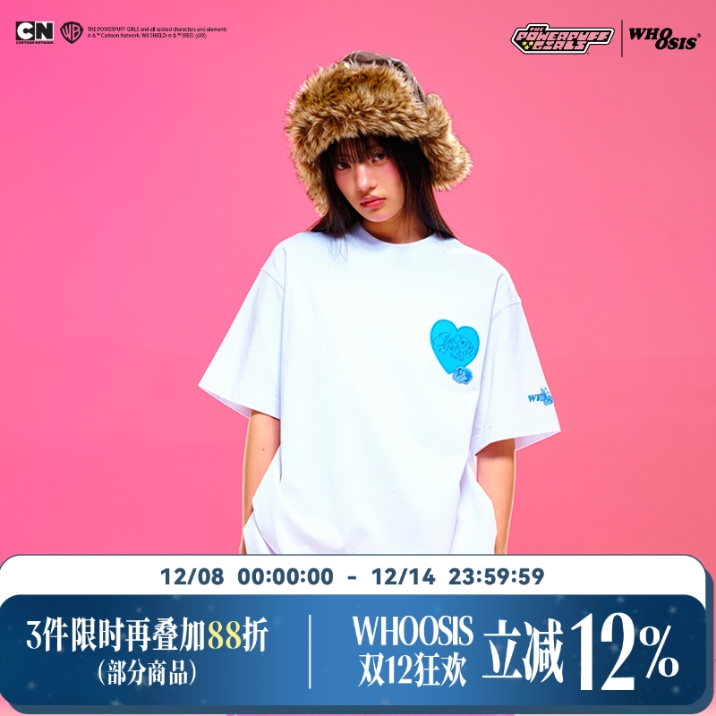 【飞天小女警联名】WHOOSIS 爱心贴布绣短袖T恤夏季美式宽松男女