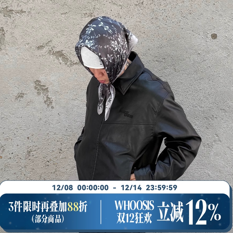 WHOOSIS（不知其名）立体刺绣夹棉pu皮夹克外套秋季美式街头潮男