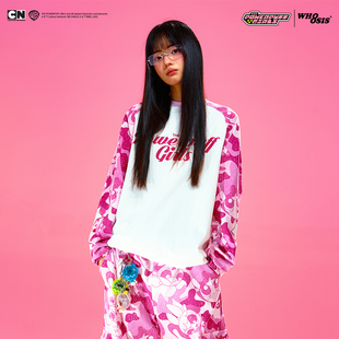 T恤美式 迷彩插肩长袖 WHOOSIS 街头潮宽松男女 飞天小女警联名